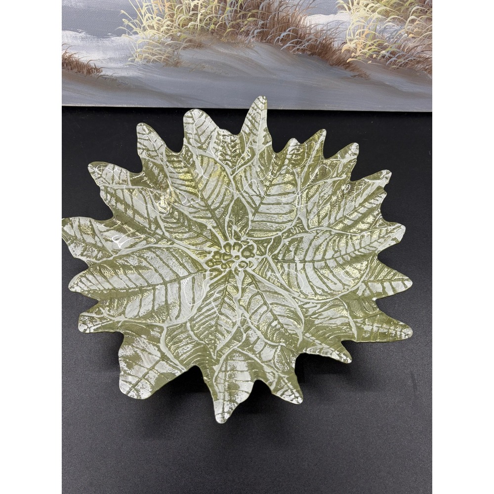 Akcam Turkey Glass Poinsettia Bowl Gold Silver Handmade Christmas Decor 11.5"